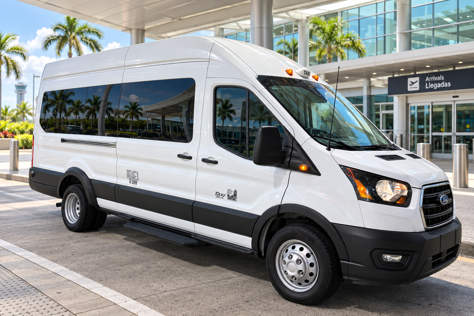 White Ford Transit taxi van