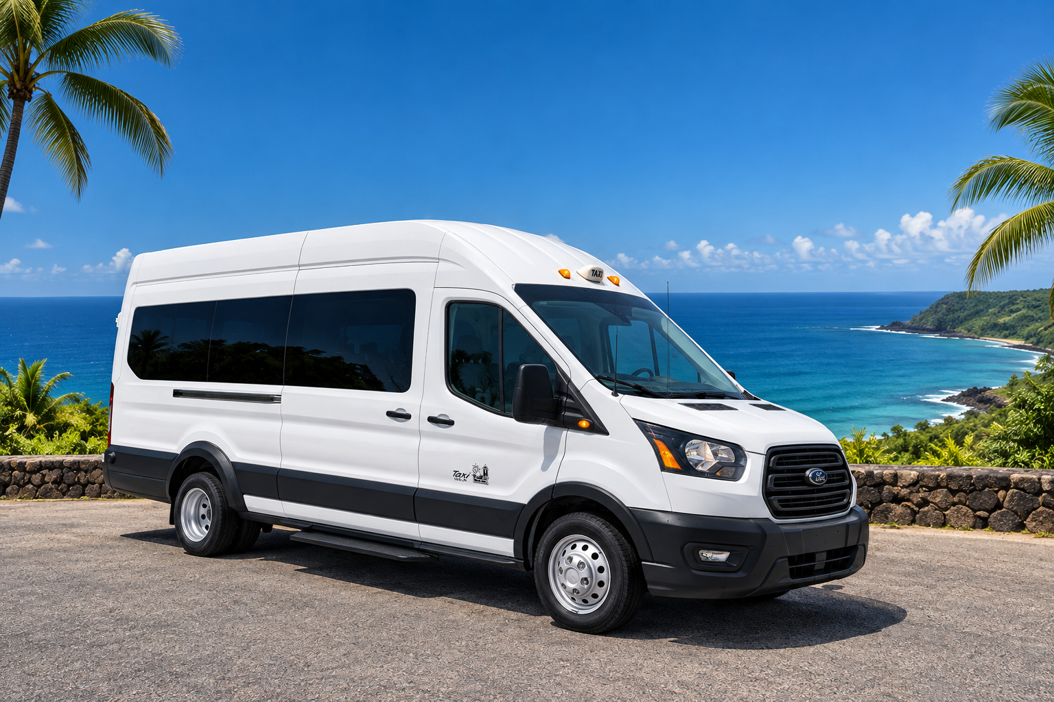 White Ford Transit taxi van beside a tropical coastline
